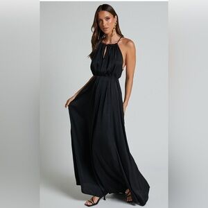 Express long cocktail dress, off-shoulder V-neck, backless, black, Size M